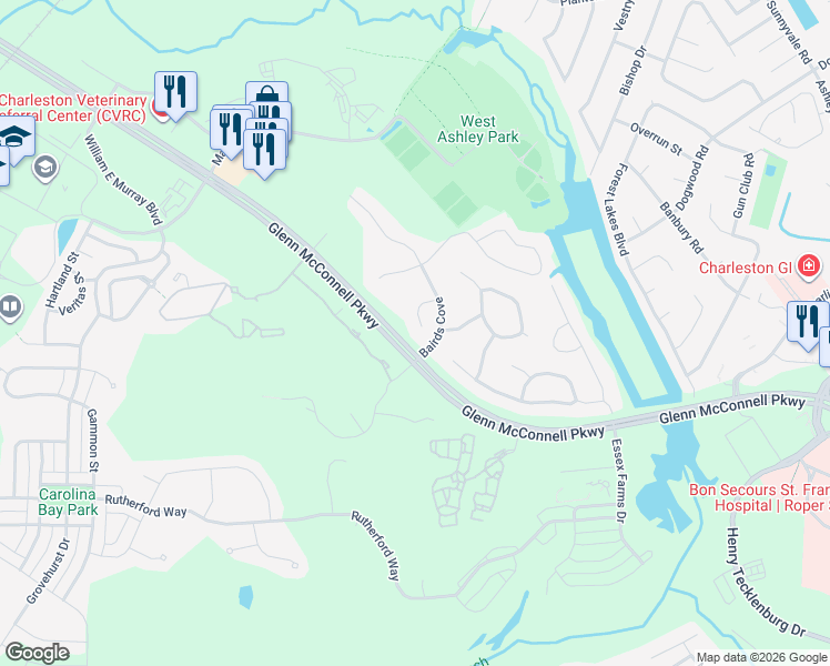 map of restaurants, bars, coffee shops, grocery stores, and more near 1701 Fox Ridge Court in Charleston