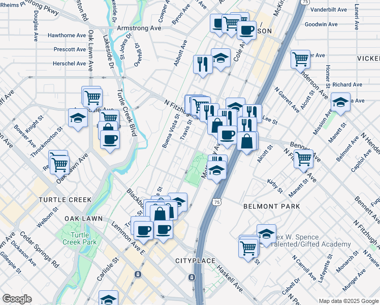 map of restaurants, bars, coffee shops, grocery stores, and more near 3205 Elizabeth Street in Dallas