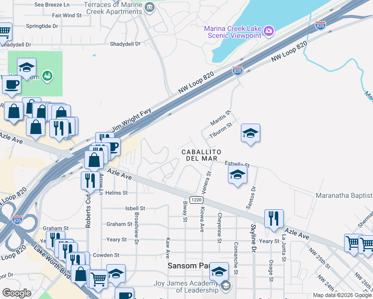 map of restaurants, bars, coffee shops, grocery stores, and more near 3912 Estrella Court in Fort Worth