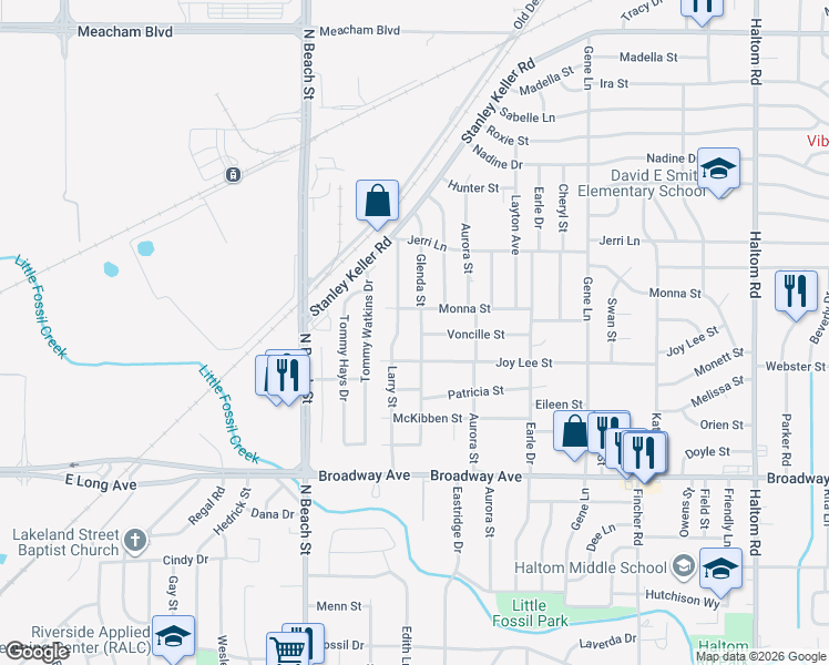 map of restaurants, bars, coffee shops, grocery stores, and more near 3509 Glenda Street in Haltom City