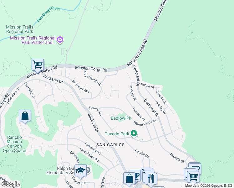 map of restaurants, bars, coffee shops, grocery stores, and more near 8076 El Extenso Court in San Diego