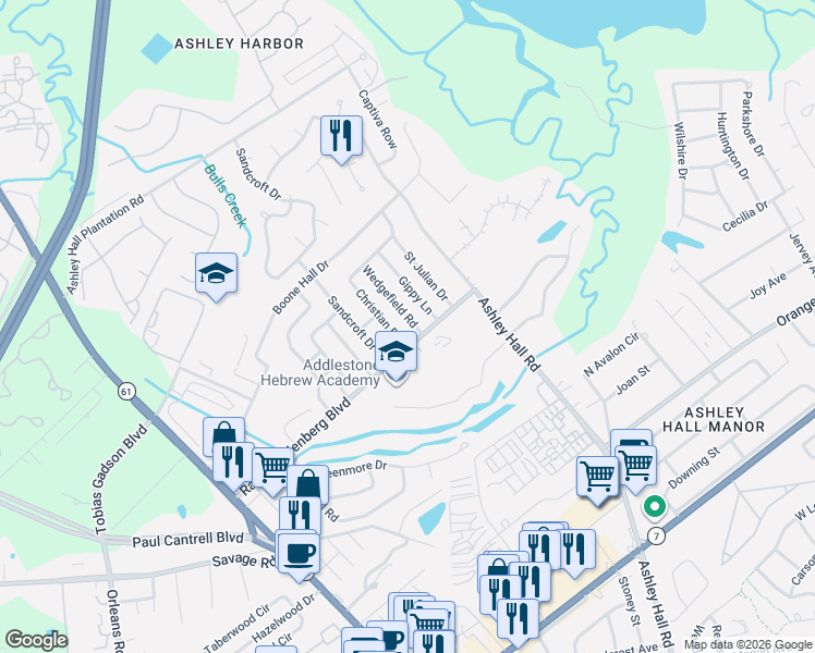map of restaurants, bars, coffee shops, grocery stores, and more near 1639 Raoul Wallenberg Boulevard in Charleston