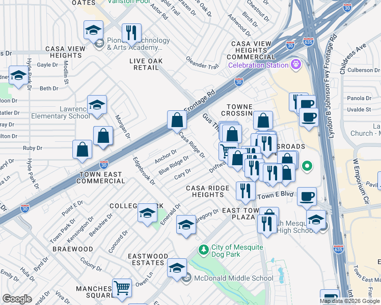 map of restaurants, bars, coffee shops, grocery stores, and more near 2721 Blue Ridge Drive in Mesquite