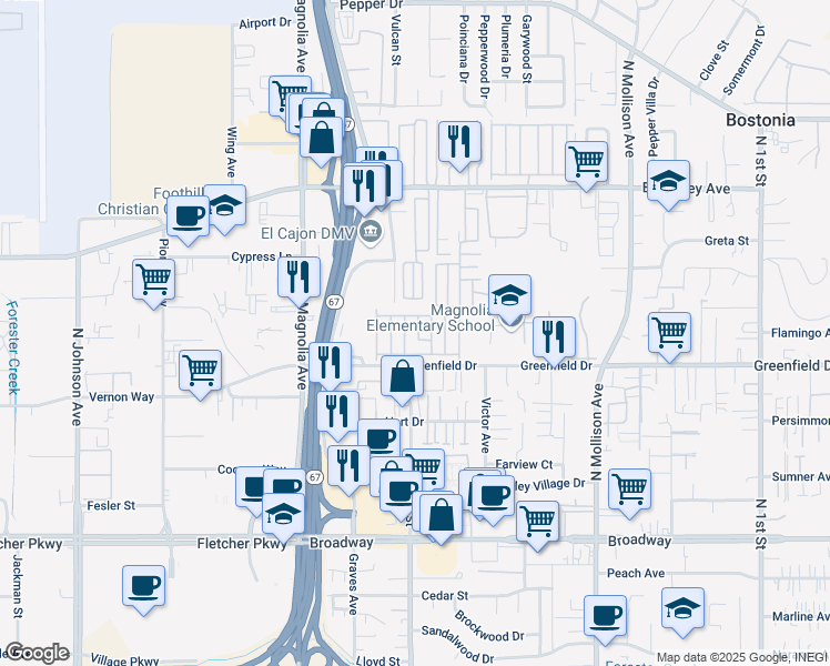 map of restaurants, bars, coffee shops, grocery stores, and more near 400 Greenfield Drive in El Cajon