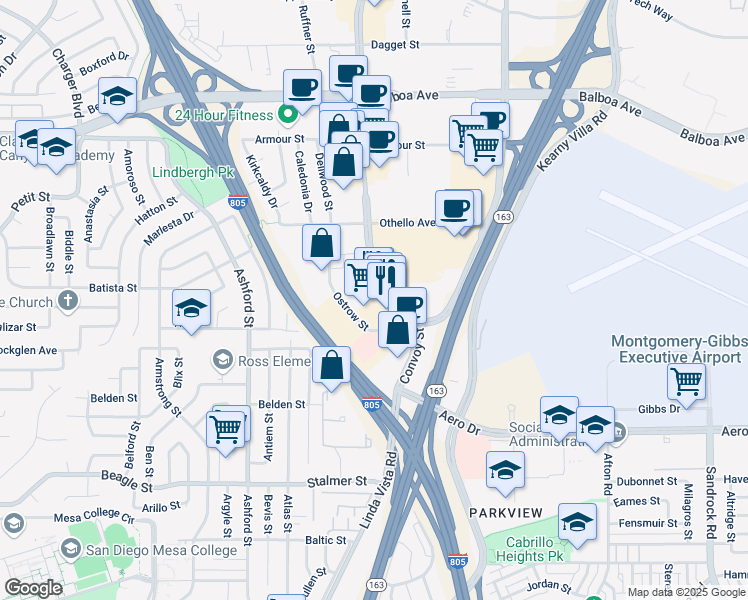 map of restaurants, bars, coffee shops, grocery stores, and more near 3860 Ostrow Street in San Diego