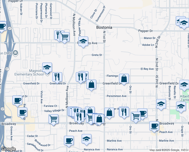 map of restaurants, bars, coffee shops, grocery stores, and more near 1325 5 D Drive in El Cajon