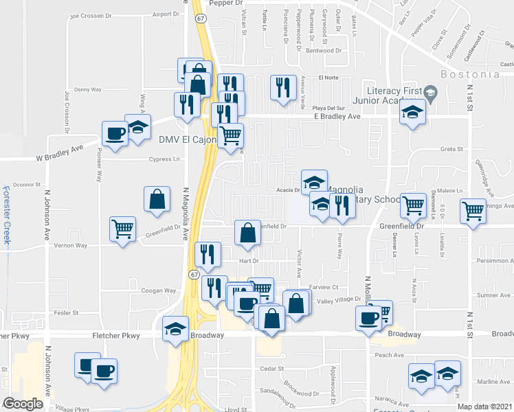 map of restaurants, bars, coffee shops, grocery stores, and more near 400 Greenfield Drive in El Cajon