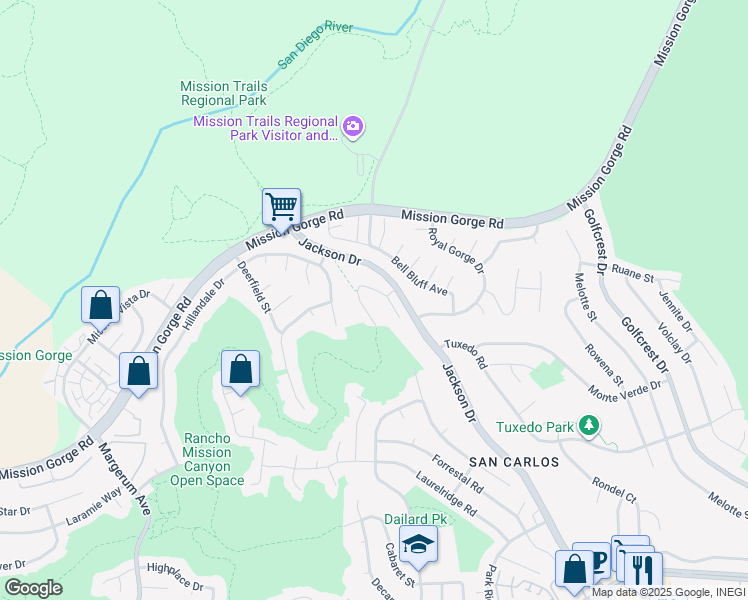 map of restaurants, bars, coffee shops, grocery stores, and more near 6617 Hemingway Drive in San Diego