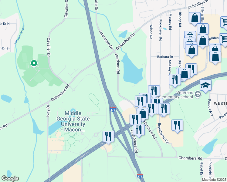 map of restaurants, bars, coffee shops, grocery stores, and more near 4901 Harrison Road in Macon