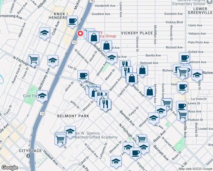 map of restaurants, bars, coffee shops, grocery stores, and more near 5103 Belmont Avenue in Dallas