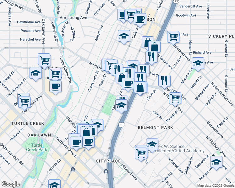 map of restaurants, bars, coffee shops, grocery stores, and more near in Dallas