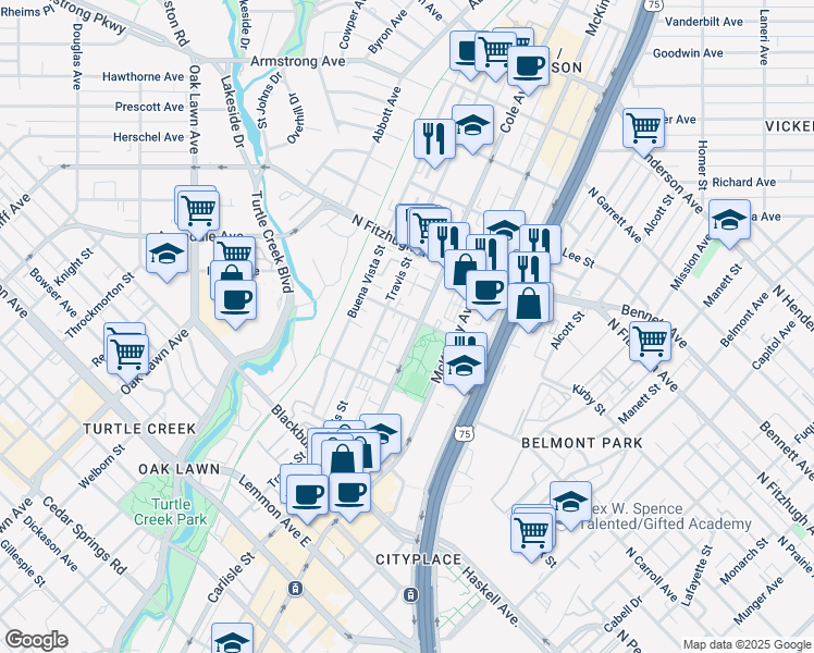 map of restaurants, bars, coffee shops, grocery stores, and more near 3205 Elizabeth Street in Dallas