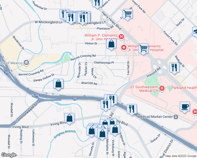 map of restaurants, bars, coffee shops, grocery stores, and more near 5503 Mesa Circle in Dallas