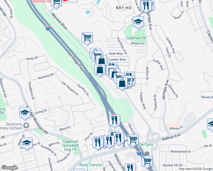 map of restaurants, bars, coffee shops, grocery stores, and more near 5066 Santa Fe Street in San Diego