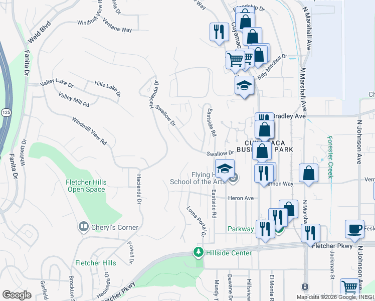 map of restaurants, bars, coffee shops, grocery stores, and more near 1623 Swallow Drive in El Cajon