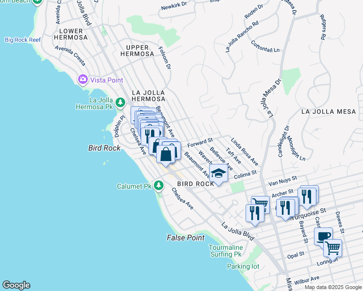 map of restaurants, bars, coffee shops, grocery stores, and more near 608 Forward Street in San Diego