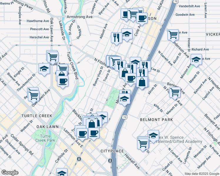 map of restaurants, bars, coffee shops, grocery stores, and more near 3205 Elizabeth Street in Dallas