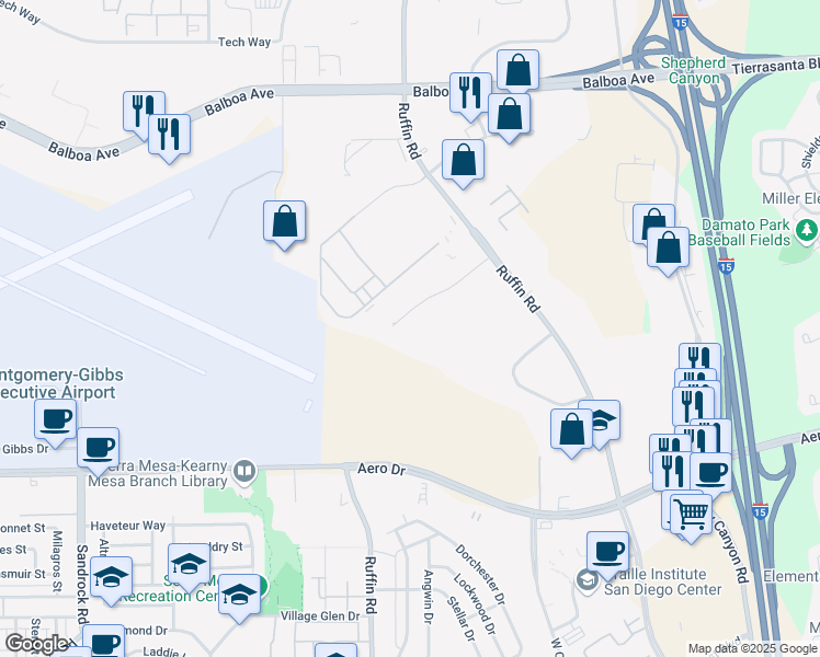 map of restaurants, bars, coffee shops, grocery stores, and more near 9265 Sky Park Court in San Diego
