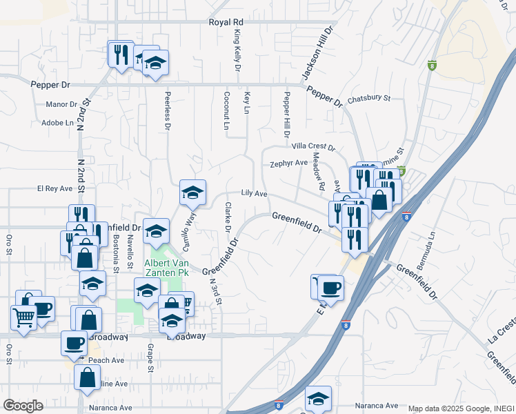 map of restaurants, bars, coffee shops, grocery stores, and more near 1578 Greenfield Drive in El Cajon