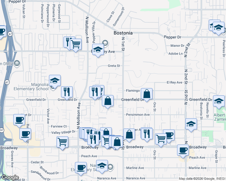 map of restaurants, bars, coffee shops, grocery stores, and more near 1409 5 D Drive in El Cajon