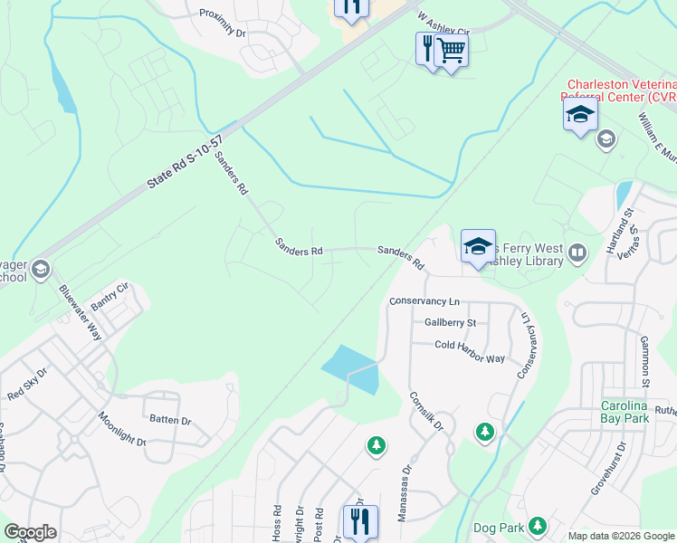 map of restaurants, bars, coffee shops, grocery stores, and more near 1636 Shady Pine Road in Charleston