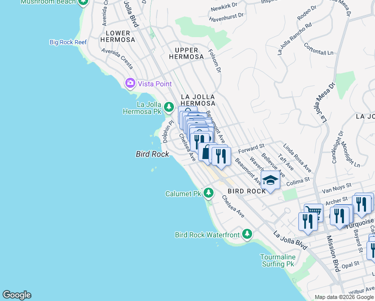 map of restaurants, bars, coffee shops, grocery stores, and more near 5626 Dolphin Place in San Diego