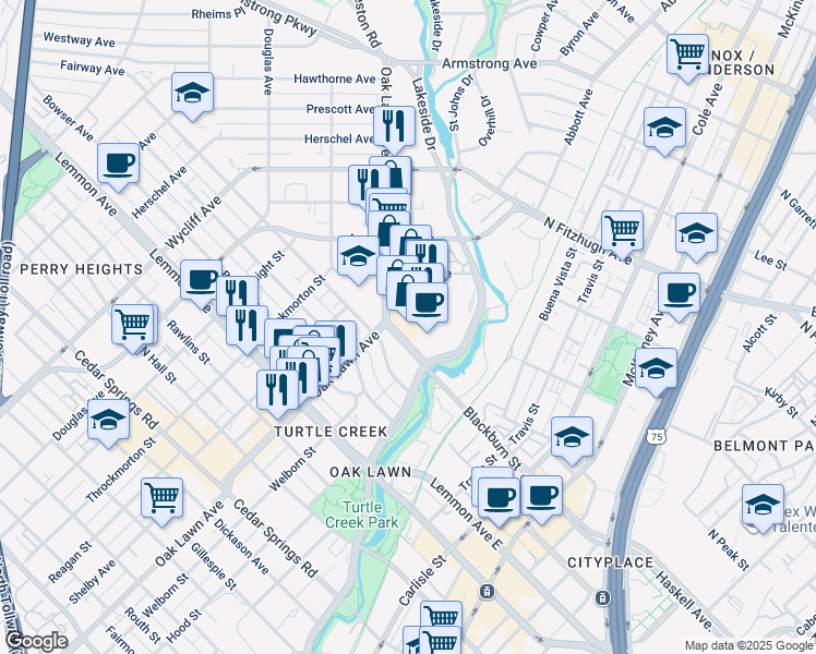 map of restaurants, bars, coffee shops, grocery stores, and more near 3811 Turtle Creek Boulevard in Dallas