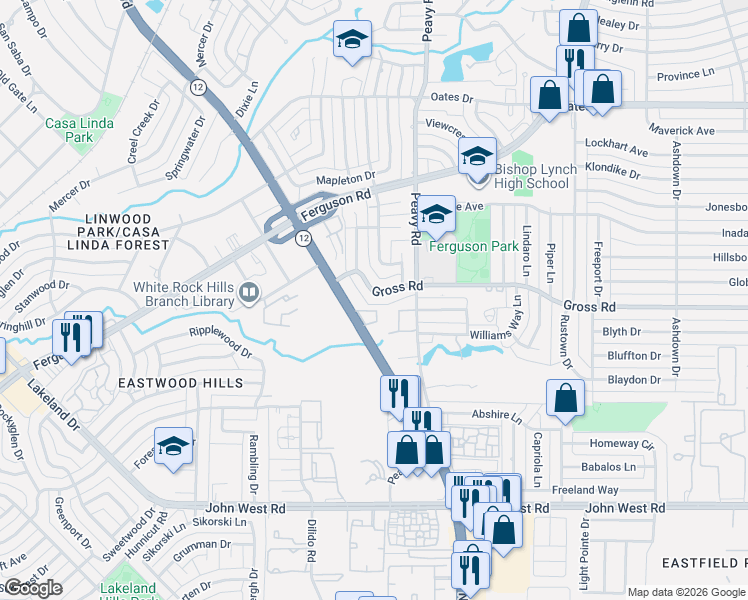 map of restaurants, bars, coffee shops, grocery stores, and more near 2726 North Buckner Boulevard in Dallas