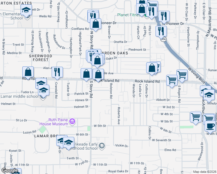 map of restaurants, bars, coffee shops, grocery stores, and more near 202 Rolston Road in Irving