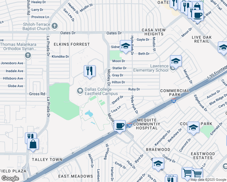 map of restaurants, bars, coffee shops, grocery stores, and more near 3722 Ruby Drive in Mesquite