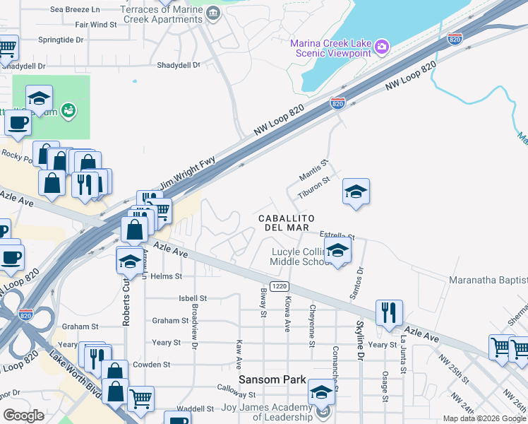 map of restaurants, bars, coffee shops, grocery stores, and more near 3924 Estrella Court in Fort Worth