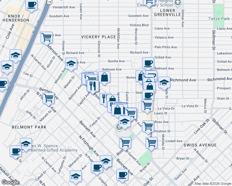 map of restaurants, bars, coffee shops, grocery stores, and more near 2110 Madera Street in Dallas