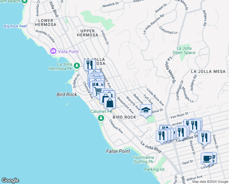 map of restaurants, bars, coffee shops, grocery stores, and more near 5611 Beaumont Avenue in San Diego