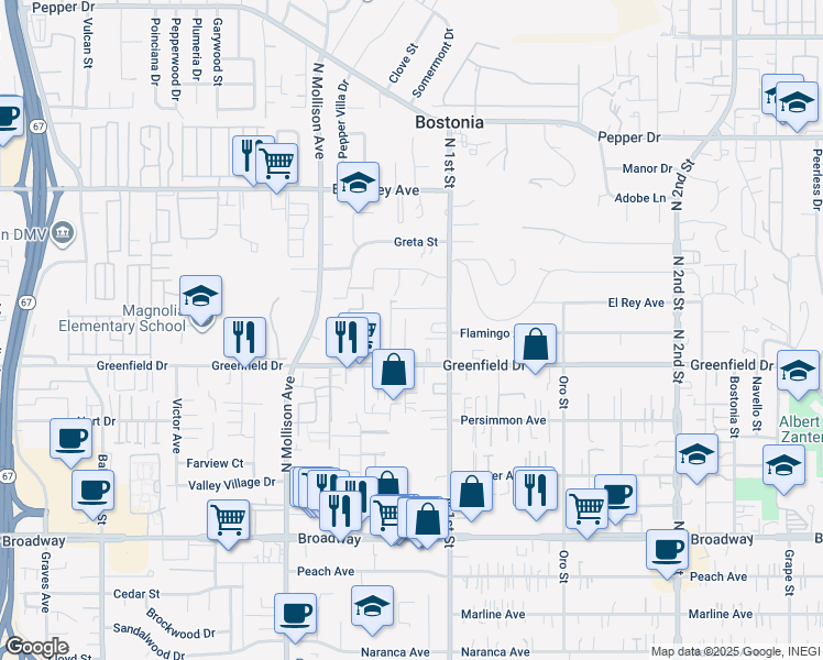 map of restaurants, bars, coffee shops, grocery stores, and more near 1325 5 D Drive in El Cajon