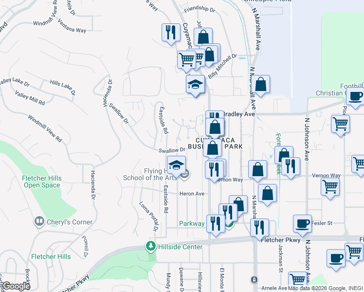 map of restaurants, bars, coffee shops, grocery stores, and more near 1384 Dove Street in El Cajon