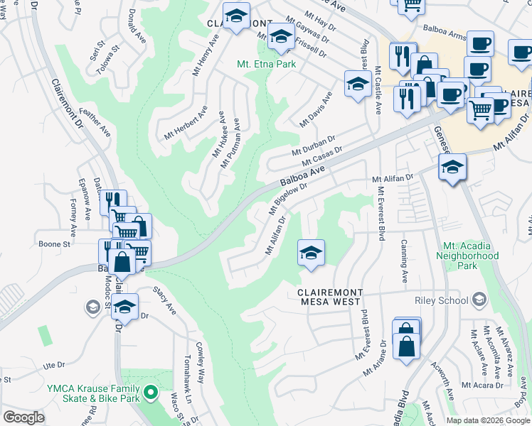 map of restaurants, bars, coffee shops, grocery stores, and more near 4615 Mount Bigelow Drive in San Diego