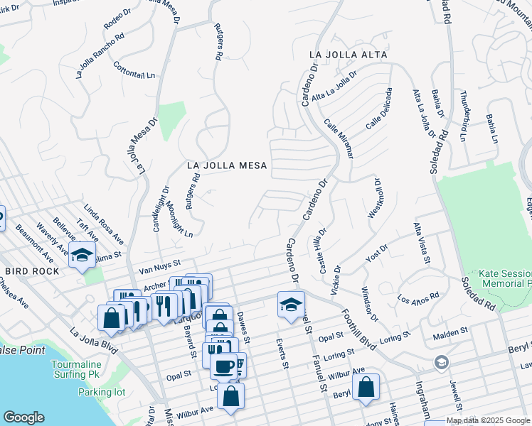 map of restaurants, bars, coffee shops, grocery stores, and more near 5411 Caminito Heraldo in San Diego