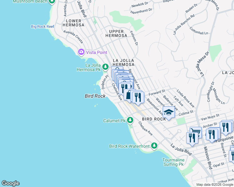 map of restaurants, bars, coffee shops, grocery stores, and more near 5626 Dolphin Place in San Diego