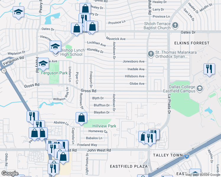 map of restaurants, bars, coffee shops, grocery stores, and more near 2440 Gross Road in Dallas