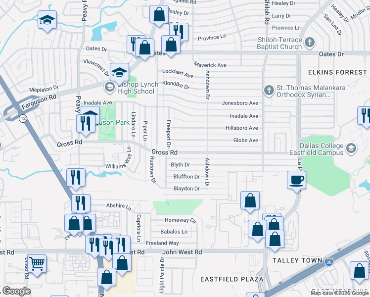 map of restaurants, bars, coffee shops, grocery stores, and more near 2404 Gross Road in Dallas