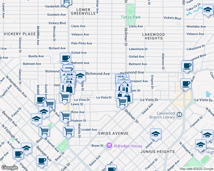 map of restaurants, bars, coffee shops, grocery stores, and more near 5923A Oram Street in Dallas