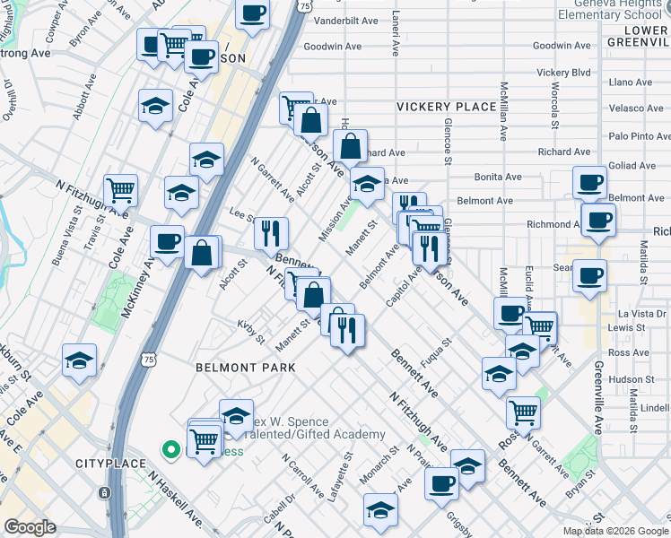 map of restaurants, bars, coffee shops, grocery stores, and more near 5001 Manett Street in Dallas