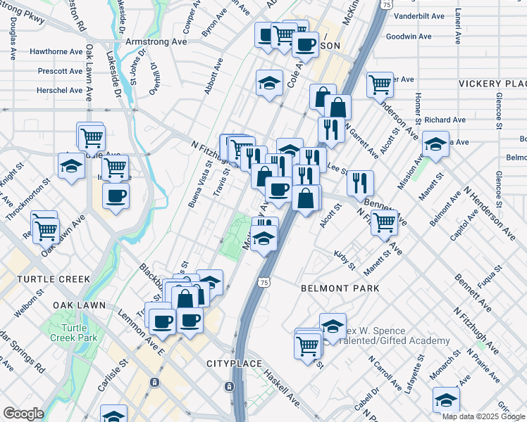 map of restaurants, bars, coffee shops, grocery stores, and more near in Dallas