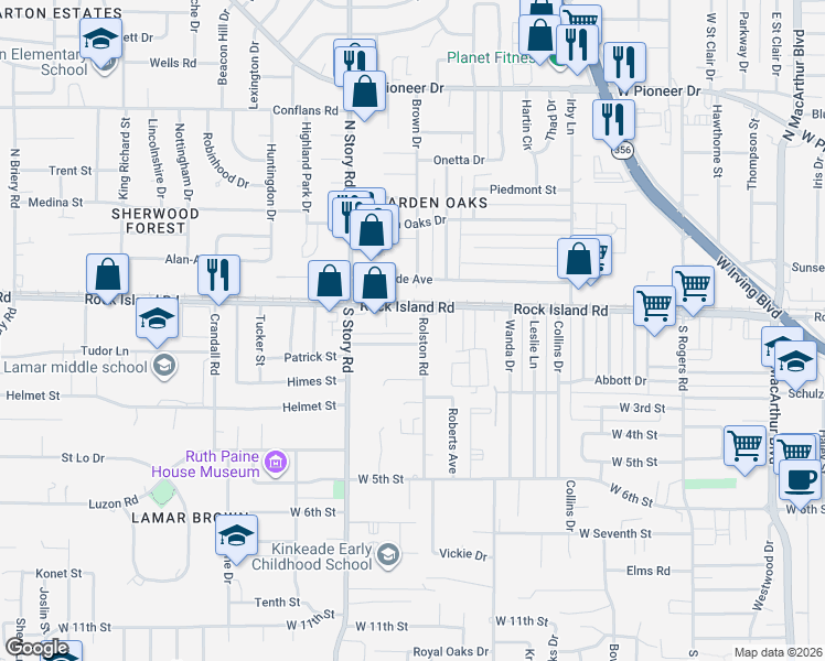 map of restaurants, bars, coffee shops, grocery stores, and more near 202 Rolston Road in Irving