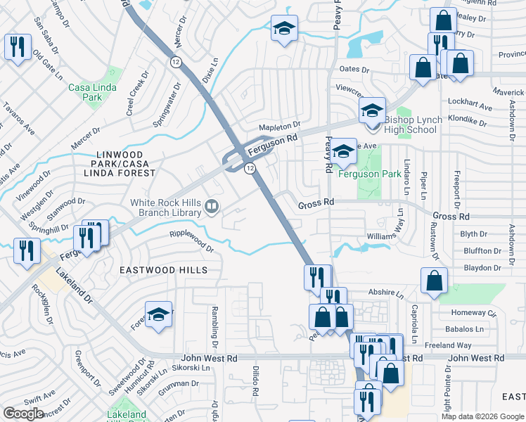 map of restaurants, bars, coffee shops, grocery stores, and more near 2703 North Buckner Boulevard in Dallas