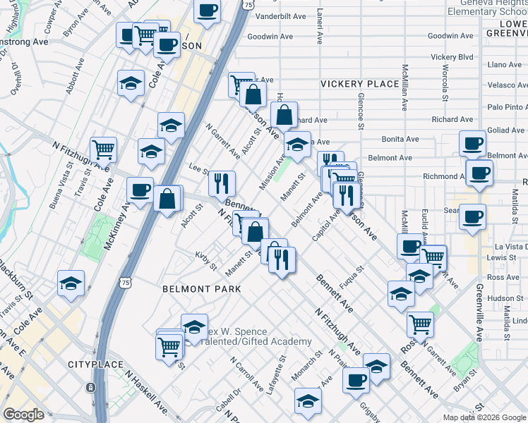 map of restaurants, bars, coffee shops, grocery stores, and more near 5001 Manett Street in Dallas