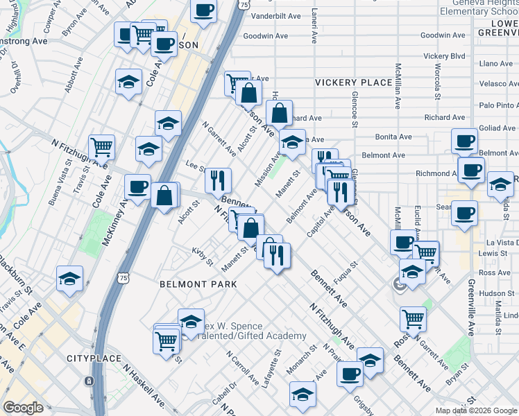 map of restaurants, bars, coffee shops, grocery stores, and more near 5011 Manett Street in Dallas
