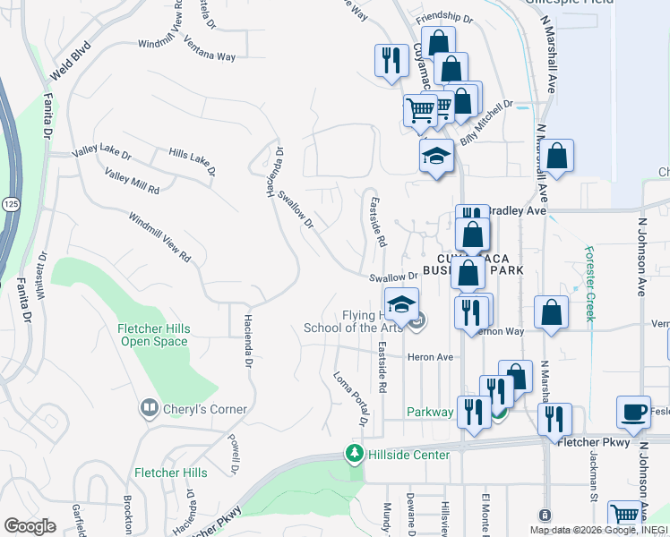 map of restaurants, bars, coffee shops, grocery stores, and more near 1623 Swallow Drive in El Cajon