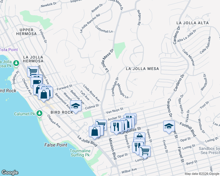 map of restaurants, bars, coffee shops, grocery stores, and more near 838 Lamplight Drive in San Diego