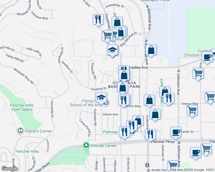 map of restaurants, bars, coffee shops, grocery stores, and more near 1384 Dove Street in El Cajon